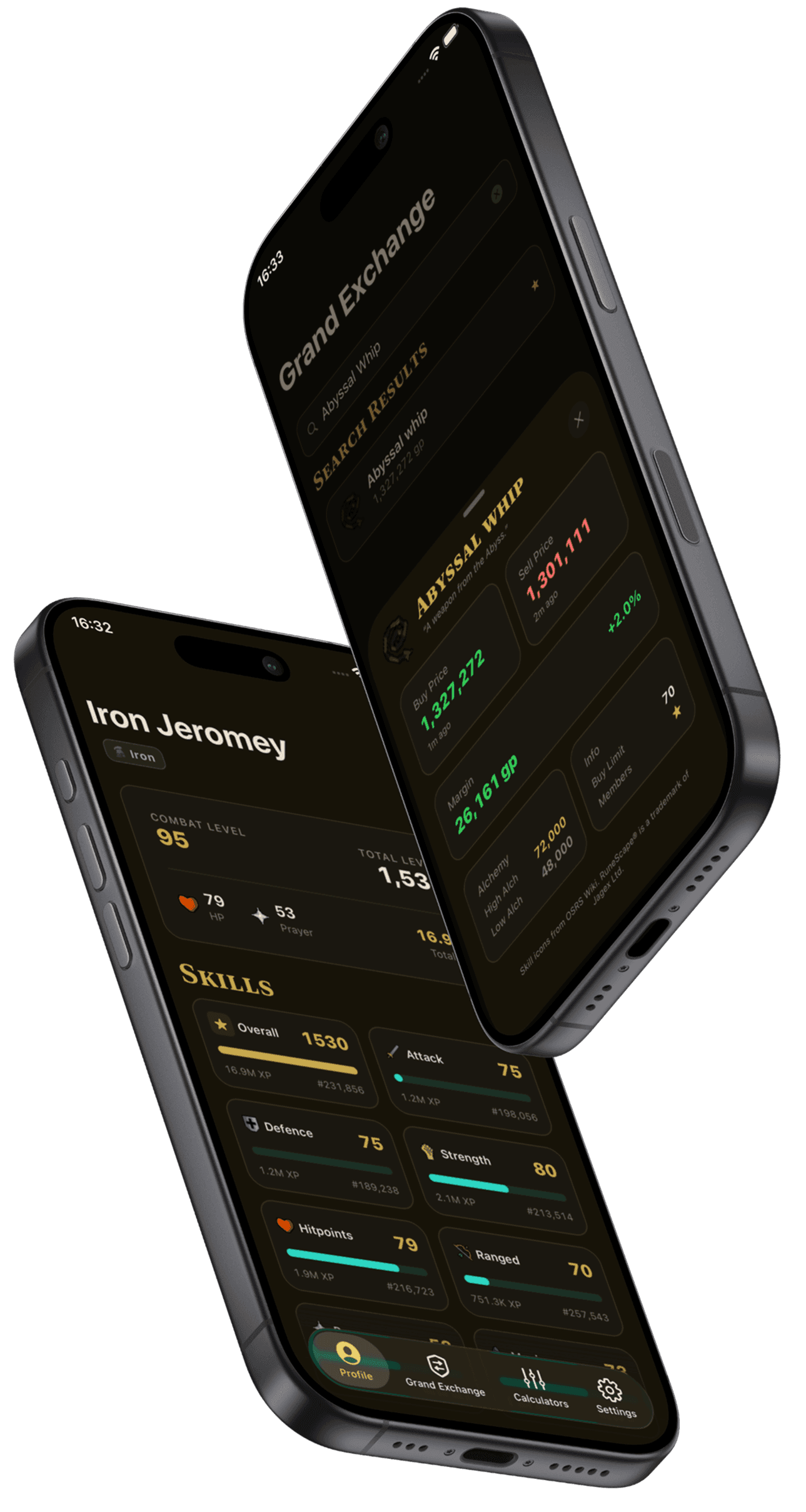 RuneGlass app showing player stats and Grand Exchange